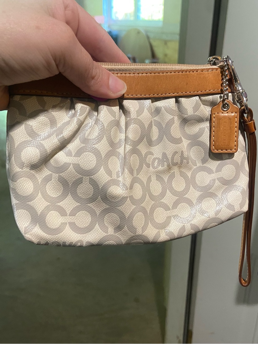 Coach Cream Signature Canvas Wristlet with Tan Leather Trim